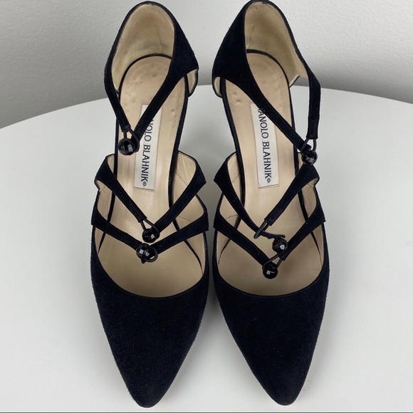Manolo Blahnik Black Suede Ankle Strap Pumps - Picture 9 of 10